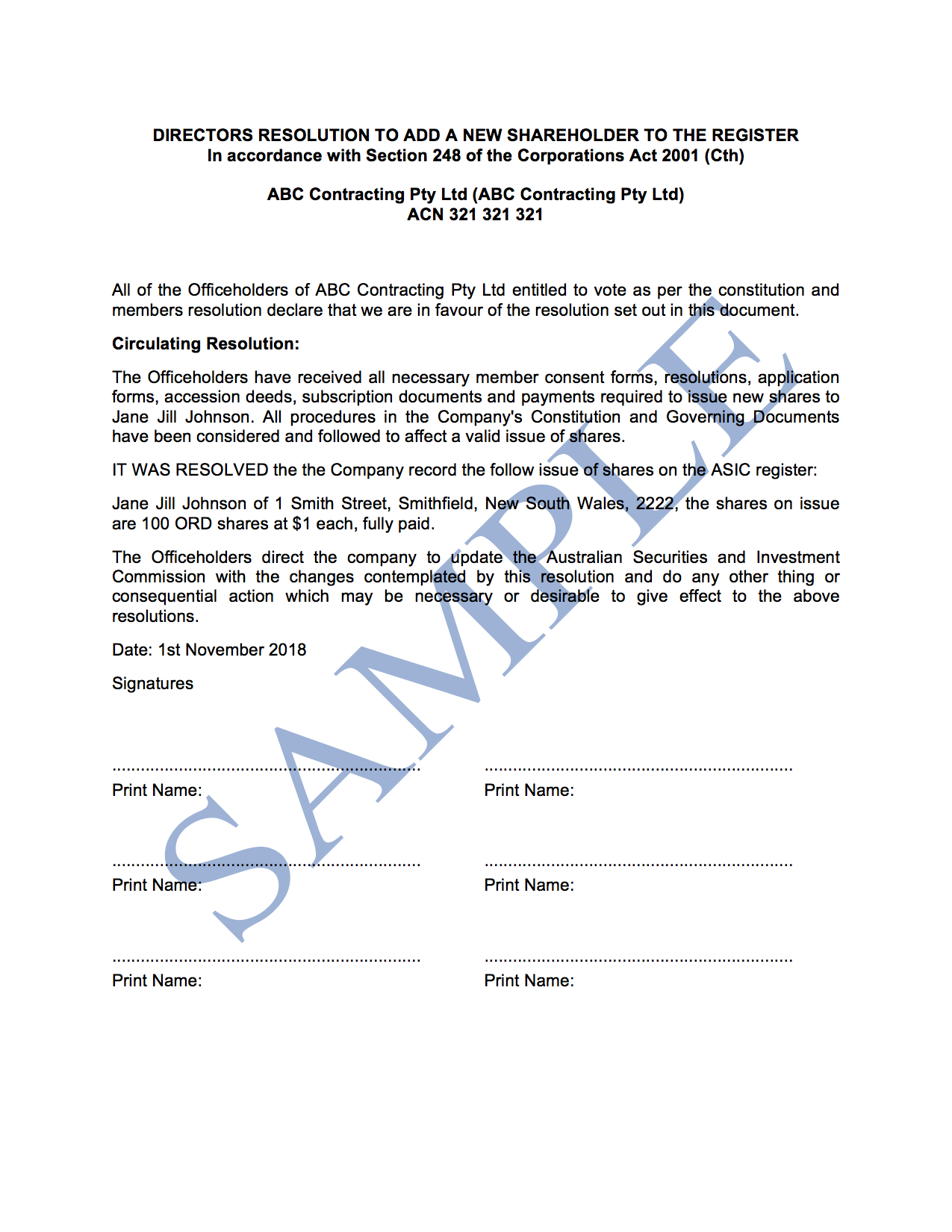 Directors Resolution to Add a New Shareholder to the Register